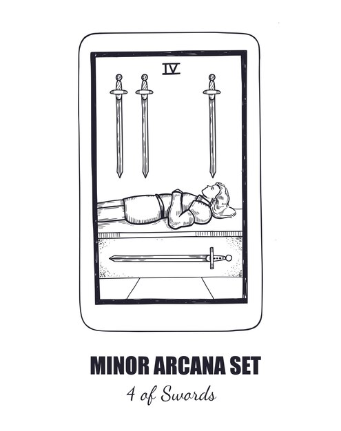 Tarot vector dibujado a mano Arcanos Menores set 4 de Espadas