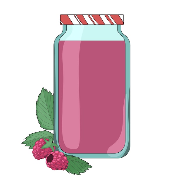 Tarro coloreado de mermelada de frambuesa. Rosa. Dibujos animados. Envase de cristal con tapa. Bayas con hojas. Espacios en blanco.
