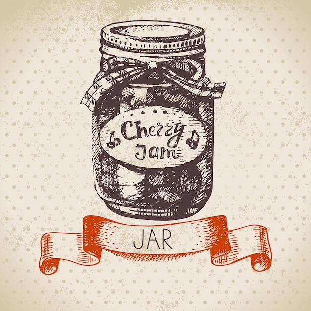Tarro de conservas rústico con mermelada de cerezas. Diseño de boceto dibujado a mano vintage. Ilustración vectorial