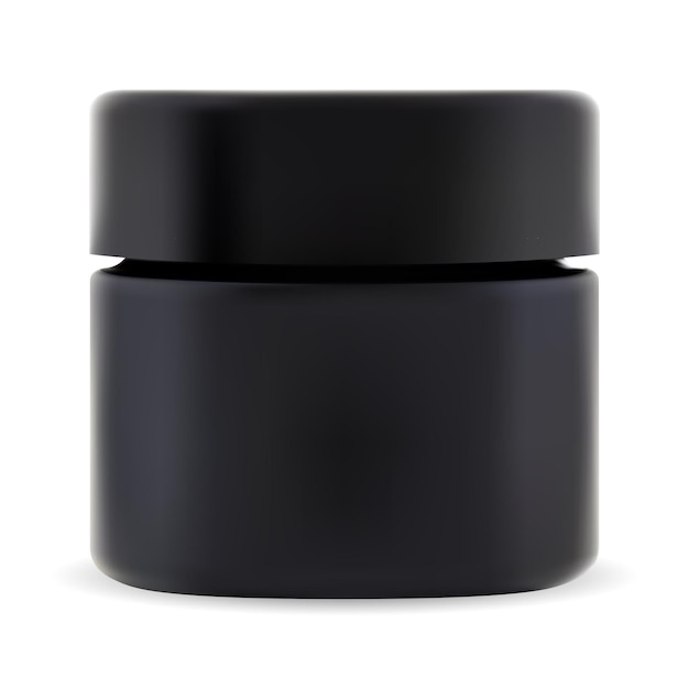 Tarro cosmético negro. maqueta de paquete de crema cosmética. botella de plástico pequeña con tapa de rosca para fregar. caja de belleza moderna, contenedor de gel o cera. tarro de crema de carbón premium