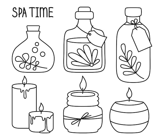 Tarro cosmético y vela doodle conjunto de dibujos animados cuidado de la piel spa aromaterapia belleza cuidado de la piel tratamiento