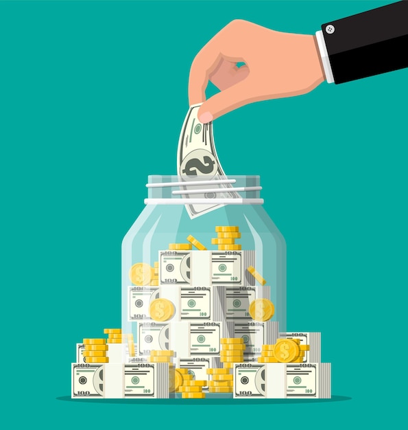 Tarro de cristal lleno de monedas de oro y billetes. Ahorro de moneda de dólar en hucha. Crecimiento, ingresos, ahorros, inversión. Símbolo de riqueza. Éxito en el negocio. Ilustración de vector de estilo plano.