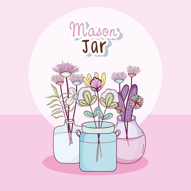 Tarro de masón con concepto de dibujos animados lindo de flores