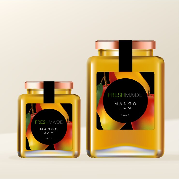 Tarro de masón o botella de mermelada Tapón de rosca metálico Botella de vidrio Embalaje con ilustración de mango