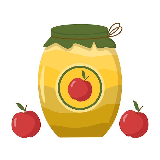 Un tarro de mermelada de manzana en un color verde amarillo en una imagen vectorial de estilo plano