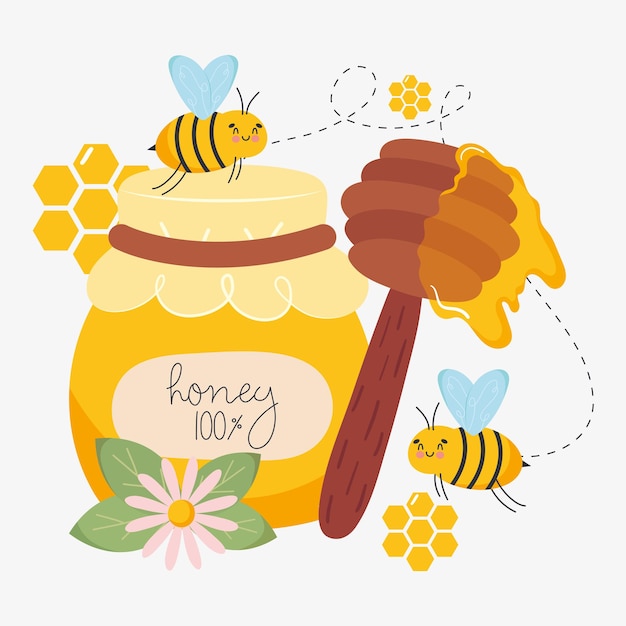 tarro de miel y abejas, ilustración, diseño