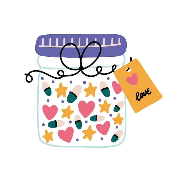 Tarro de pastillas y corazones. Elemento de garabato dibujado a mano vector romántico