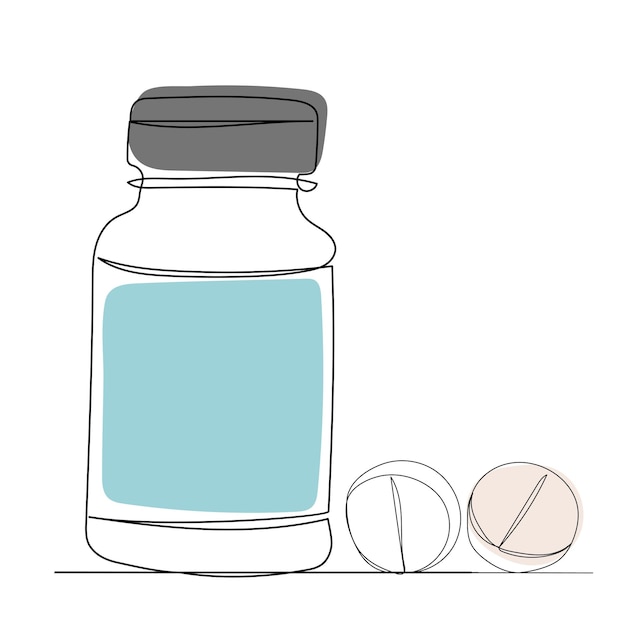 Tarro con pastillas drogas un vector de dibujo de línea continua