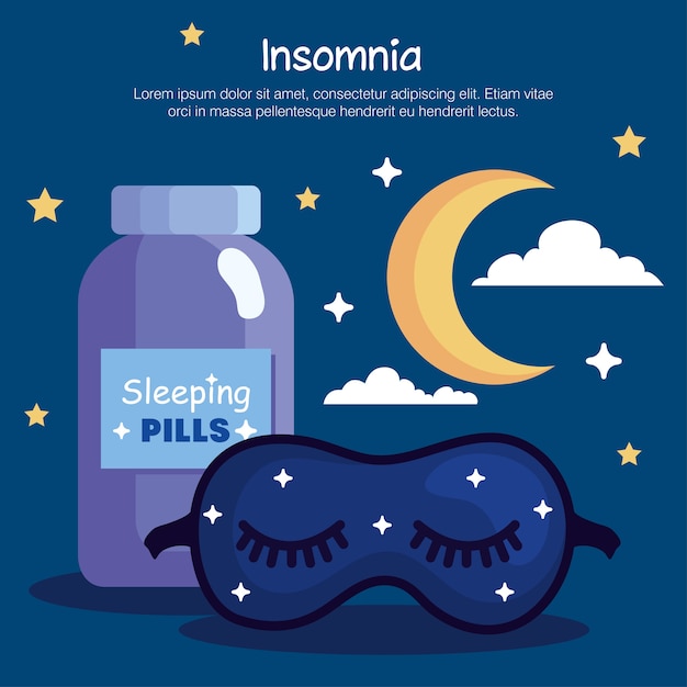 Tarro de píldoras de máscara de insomnio y diseño de luna, tema de sueño y noche