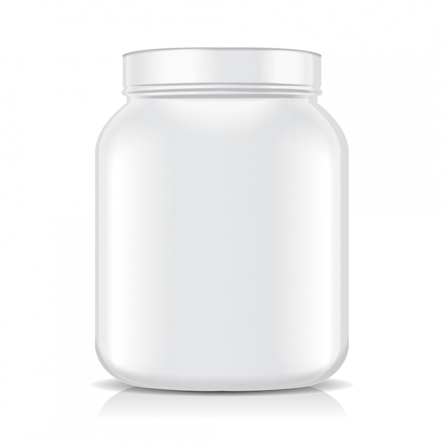 Tarro de plástico en blanco blanco aislado sobre fondo blanco. Nutrición deportiva, proteína de suero o ganador