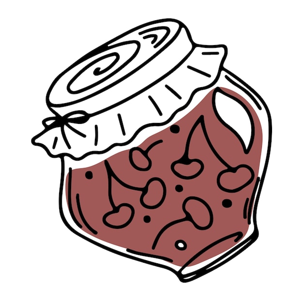 Tarro de vector de estilo Doodle con mermelada de cereza, aislado sobre fondo blanco