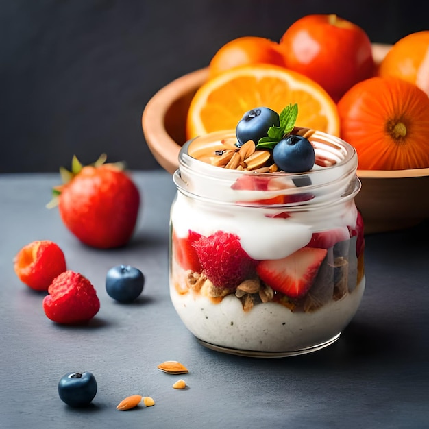 Un tarro de yogur con bayas y granola.