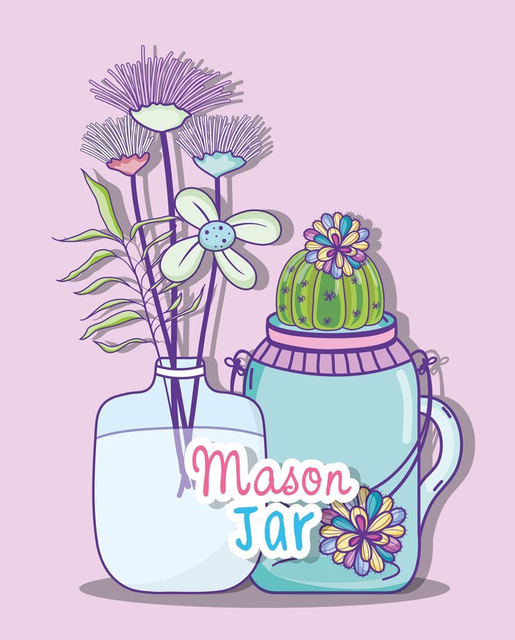 Vector tarros de albañil con flores dibujo de la vendimia en colores pastel