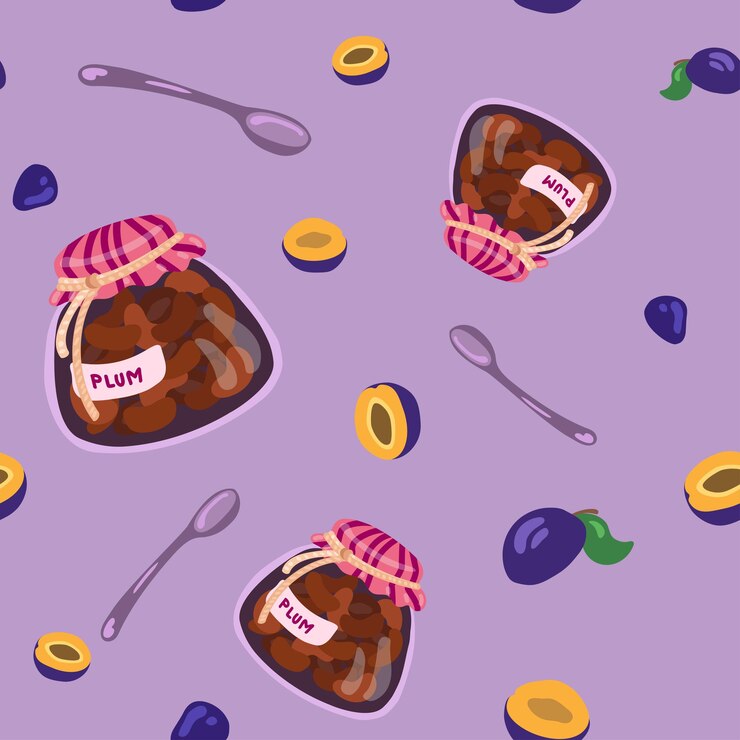 Vector tarros de mermelada de ciruela cucharas de postre y ciruelas de patrones sin fisuras