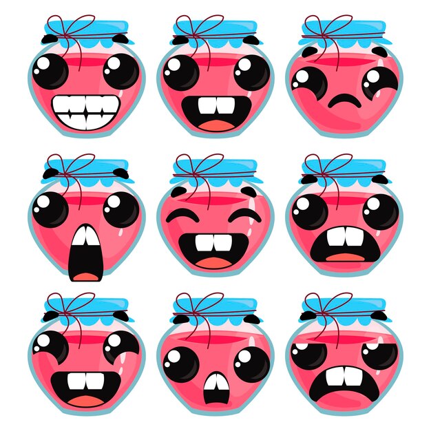 Tarros con mermelada o mermelada. Conjunto de diferentes emociones. Ilustración de vector de estilo de dibujos animados.