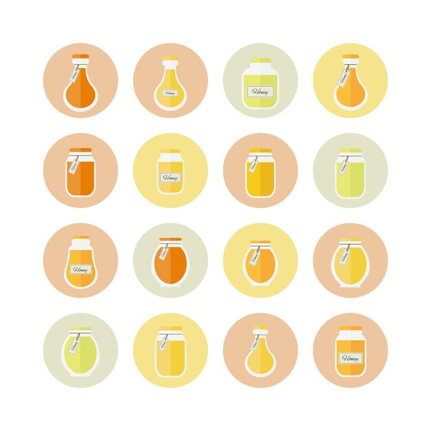 Tarros de miel conjunto de iconos en círculos Elementos vectoriales para diseño