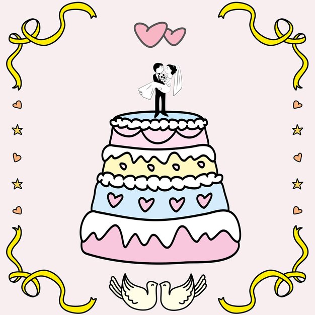 Tarta de boda garabateada dibujada a mano Ilustración vectorial