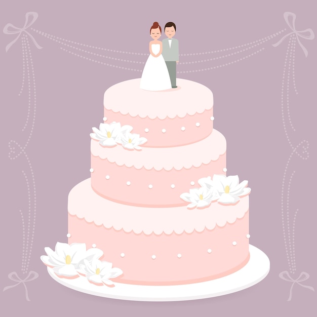 Tarta de boda con la novia y el novio encima de la torta elegante torta de boda rosada Ilustración vectorial