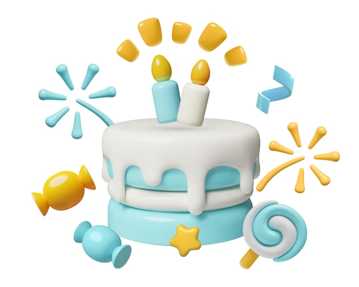 Vector tarta de cumpleaños azul emoji 3d con velas encendidas niños dulces y fuegos artificiales