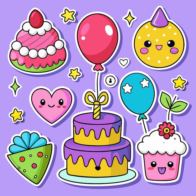 Tarta de cumpleaños de dibujos animados y otros artículos sobre un fondo púrpura
