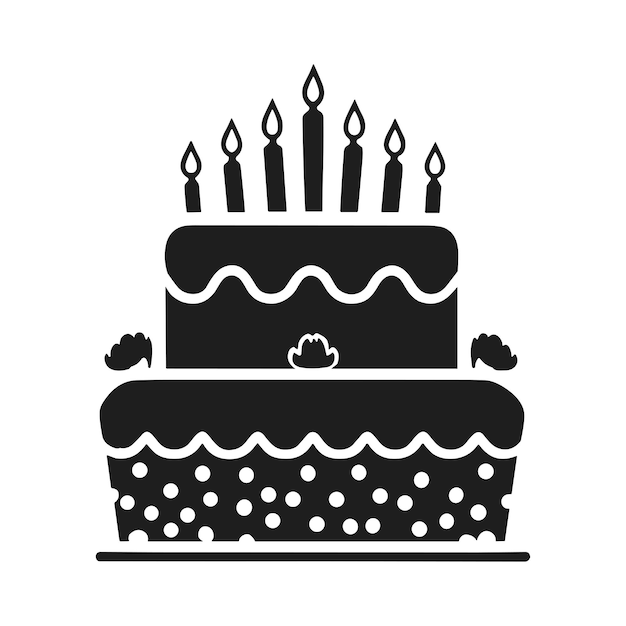 Tarta de cumpleaños estilizada con velas y diseño de silueta vectorial de puntos polcas