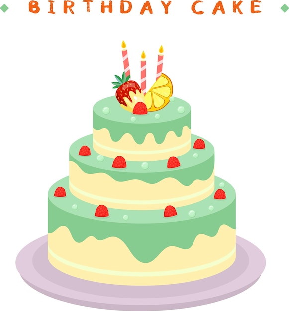 Tarta de cumpleaños festiva de tres niveles con velas y frutas