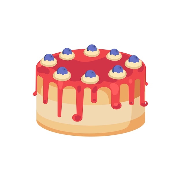 Tarta de cumpleaños panadería de vacaciones dulces pastelería chocolate con fruta de arándano postre para el desayuno Ilustración de dibujos animados planos dibujados a mano por vector