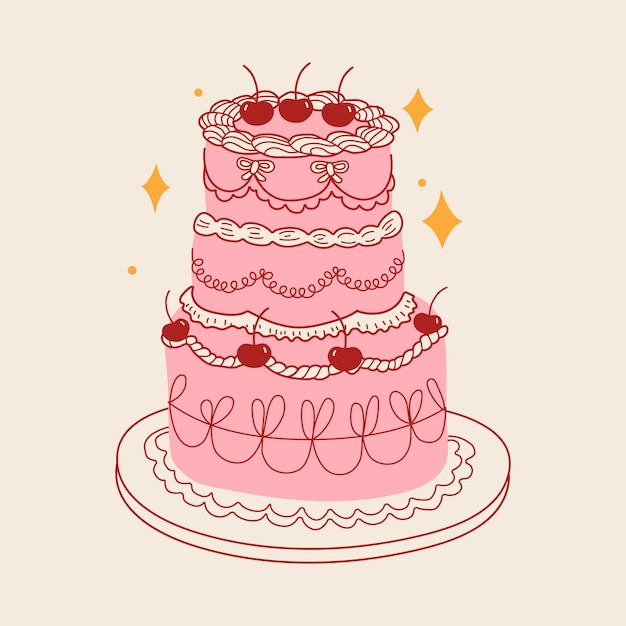 Tarta dibujada a mano con cerezas Arte de la línea comida de pastelería dulce Ilustración de postre de garabateo caprichoso