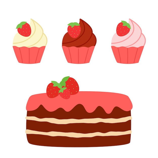 Tarta dulce de chocolate y cupcakes con fresas Dulces con crema de chocolate fresa vainilla