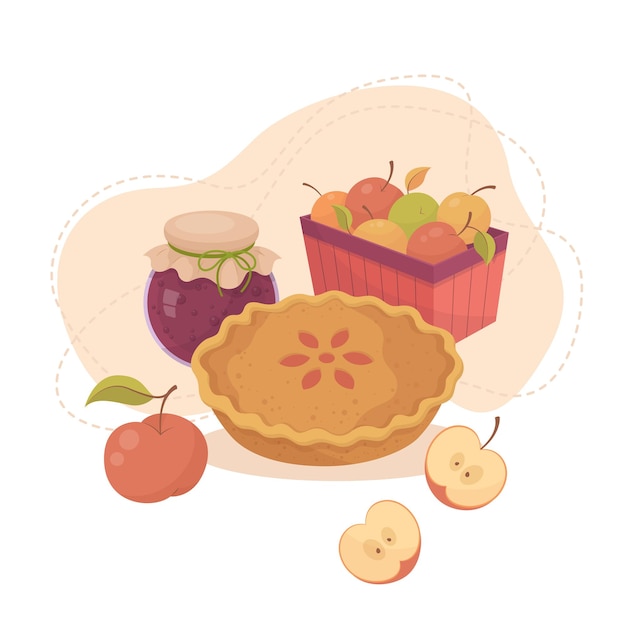 Tarta de manzana con la cesta de manzanas y el tarro de mermelada ilustración vectorial