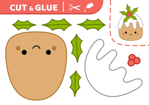 Tarta de Navidad con acebo Cortar y pegar Tarta Kawaii Calabaza Aplicar Juego de papel Vector