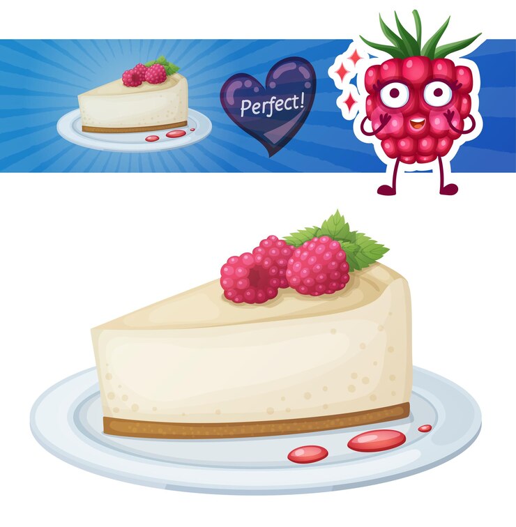 Vector tarta de queso con icono de frambuesa ilustración de vector de dibujos animados con carácter de baya
