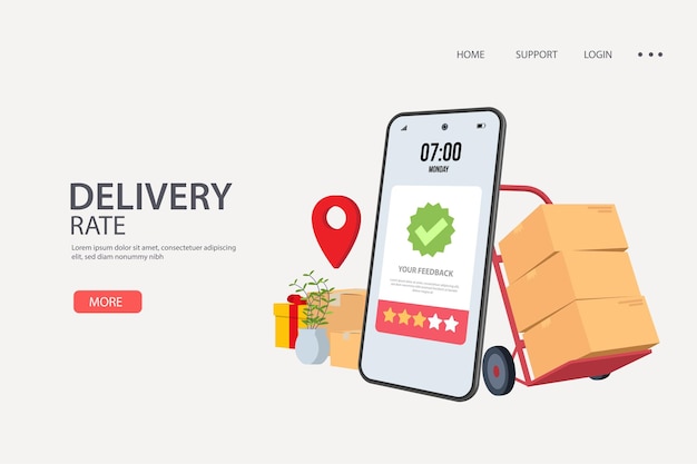 Tasa de entrega o concepto de aplicación de compras móviles joven consumidor con carrito de crédito
