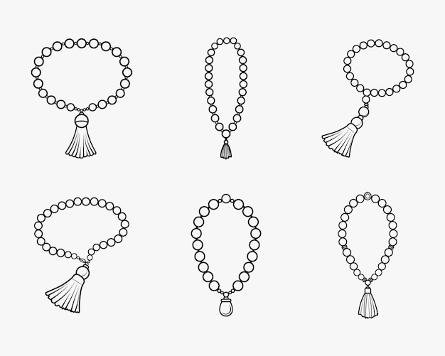 Tasbih islámico contorno icono paquete establecido en el arte de línea plana aislada