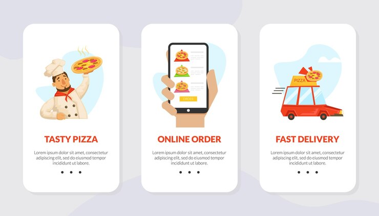 Vector tasty pizza online order landing page template alimentos italianos tradicionales entrega expresa en línea ordenar y servicio de catering aplicación móvil página principal ilustración vectorial