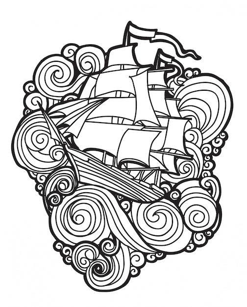 Tattoo art Barco en las olas con arte lineal.