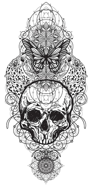 Tatuaje arte cráneo dibujo y boceto en blanco y negro