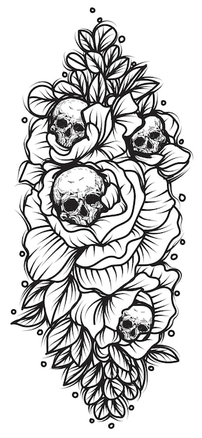 Tatuaje arte cráneo y flor dibujo a mano y boceto en blanco y negro