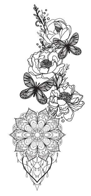 Tatuaje arte mariposa y dibujo de flores en blanco y negro