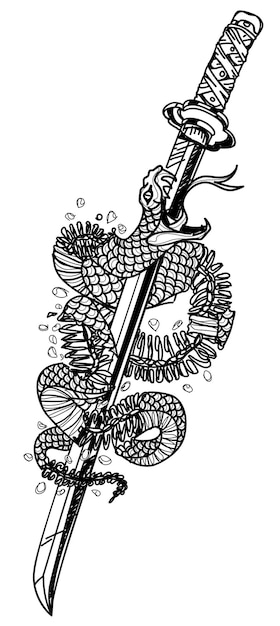 Tatuaje arte serpientes y espada dibujo y boceto en blanco y negro