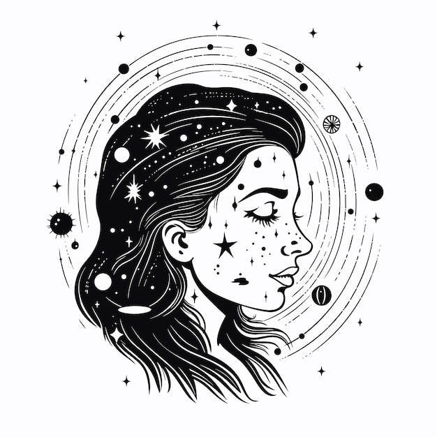 Tatuaje astrología arte vectorial Universo espacio tatuaje impresión gráfico de astronomía mágica con planetas niña