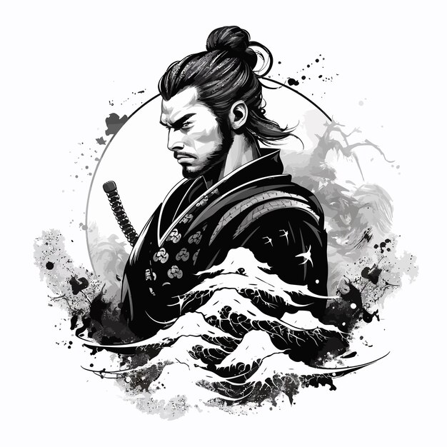 Vector tatuaje en blanco y negro de un samurai japonés.