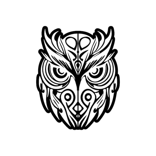 Tatuaje de un búho en blanco y negro con diseños polinesios