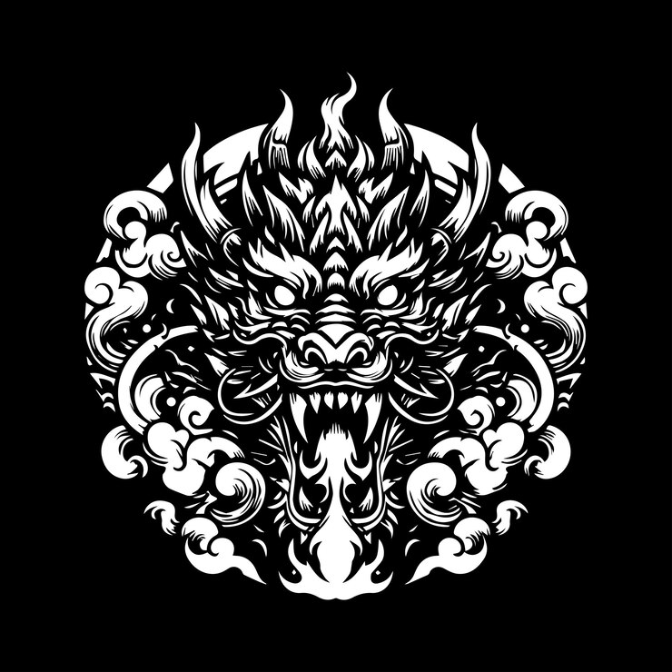 Tatuaje de cabeza de dragón en fondo negro Ilustración vectorial para su diseño