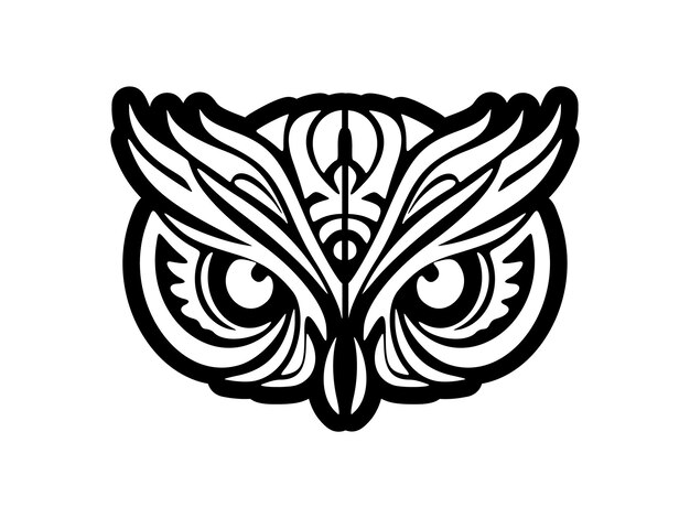 Tatuaje de la cara de un búho en blanco y negro con diseños polinesios