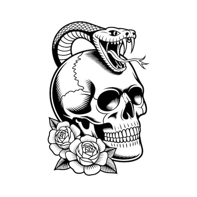 Tatuaje de cráneo con serpiente y rosas