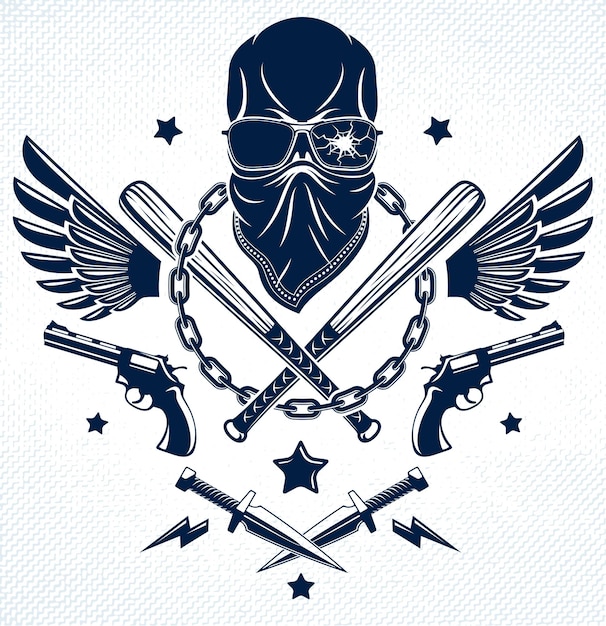 Tatuaje criminal, emblema de pandilla o logotipo con bates de béisbol de calavera agresivos y otras armas y elementos de diseño, vector, estilo vintage de bandit ghetto, anarquía de gángsters o tema de mafia.