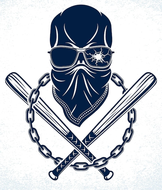 Tatuaje criminal, emblema de pandilla o logotipo con elementos de diseño de bates de béisbol de calavera agresivos, vector, estilo vintage de bandit ghetto, anarquía de gángsters o tema de mafia.