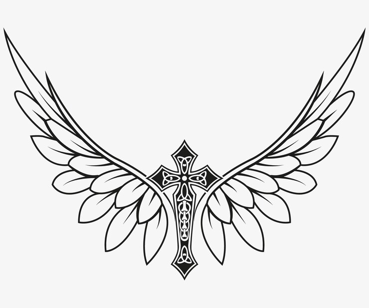 Vector tatuaje y diseño de camiseta negro y blanco dibujo a mano santa cruz alas obra de arte vectorial
