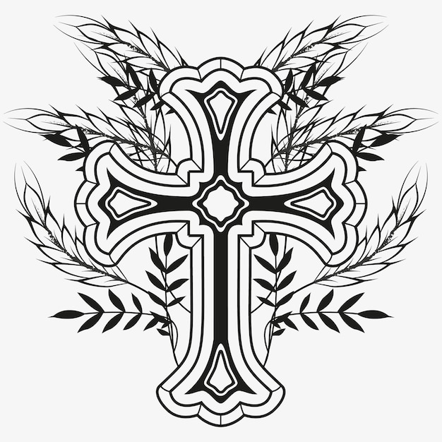 Vector tatuaje y diseño de camiseta negro y blanco dibujos a mano de la santa cruz plantas florales obras de arte vectoriales